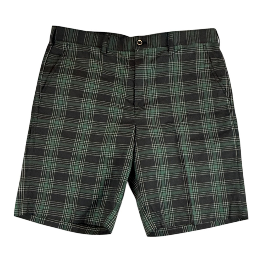 IZOD Golf Shorts Mens 38 Green Black Plaid Flat Front Performance Polyester